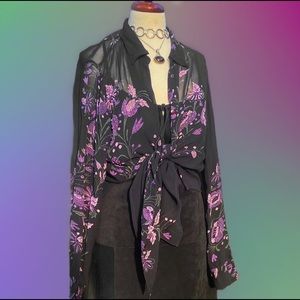 00s Eva Blue Plus Floral Bead Embellished Buttom Down